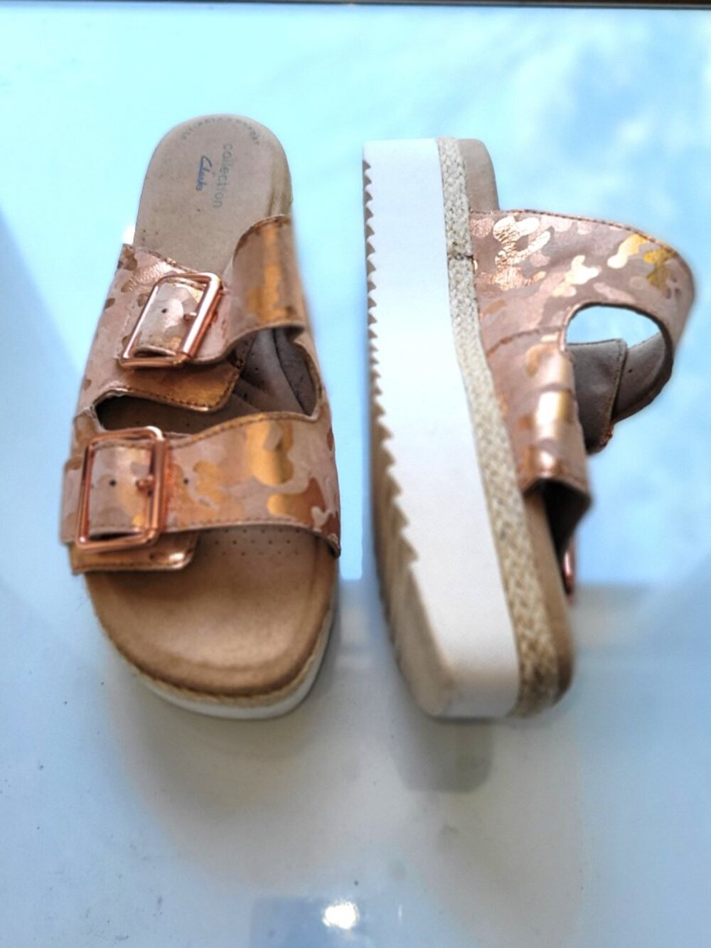 Clarks Women's Lana Beach Rose Gold Wedge Platform Sandals Size 8.5